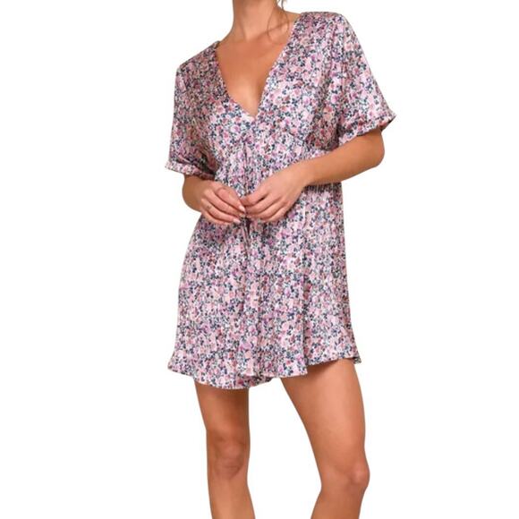 Lulus Express Yourself Blush Pink Floral Print Satin Babydoll Dress Size Large L - Picture 14 of 16